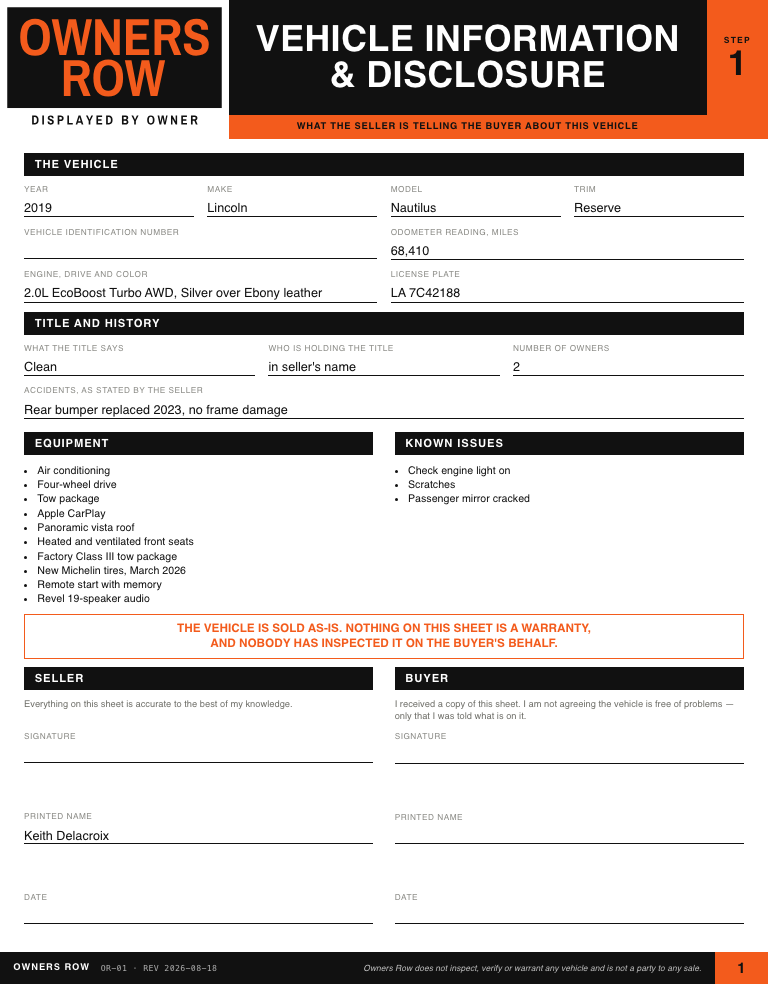 Vehicle information and disclosure sheet