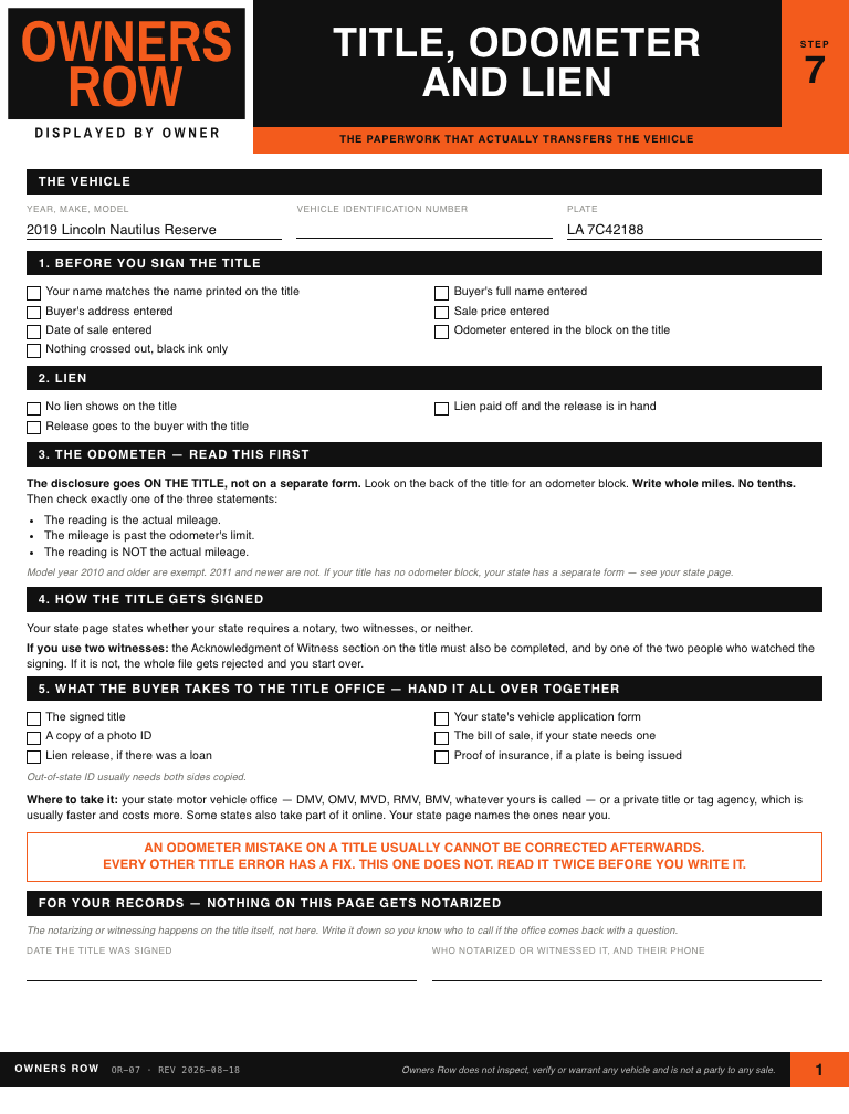 Title, odometer and lien sheet